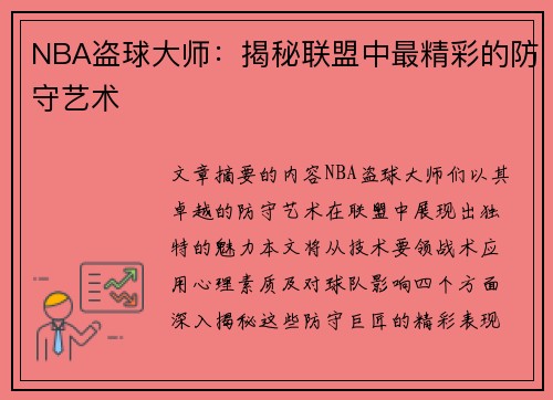 NBA盗球大师：揭秘联盟中最精彩的防守艺术