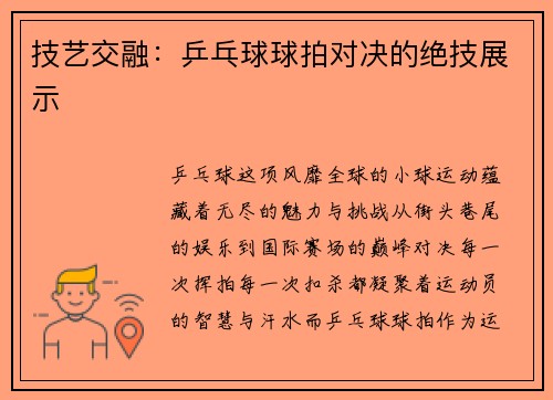 技艺交融：乒乓球球拍对决的绝技展示